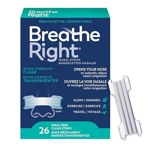 Bandelettes nasales Breathe Right, extra fortes, peau claire et sensible, solution contre le ronflement sans médicament et soulagement de la congestion nasale causée par le rhume et...