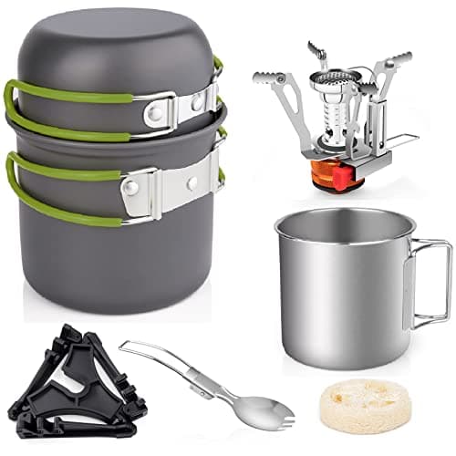 Gurukim 8pcs Camping Cookware Set, Camping Pot and Pan Set with Mini Backpacking Stove Stainless Steel Cup Spork and Tank Bracket Cleaning Tools...