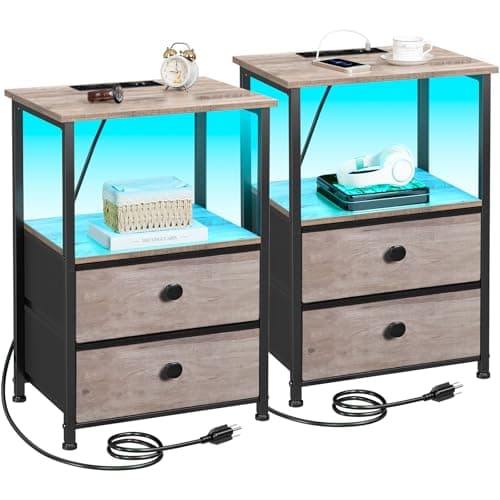 LOAKEKEL Table de nuit Set 2, table de chevet LED avec station de charge, tables de bout avec étagère de rangement, table de chevet avec 2 tiroirs en tissu pour chambre à coucher,...