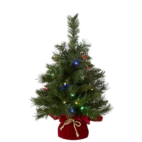 National Tree Company Sapin de Noël artificiel majestueux pré-éclairé de 61 cm, 35 lumières multicolores, 71 pointes, minuterie, base en tissu rouge, vert