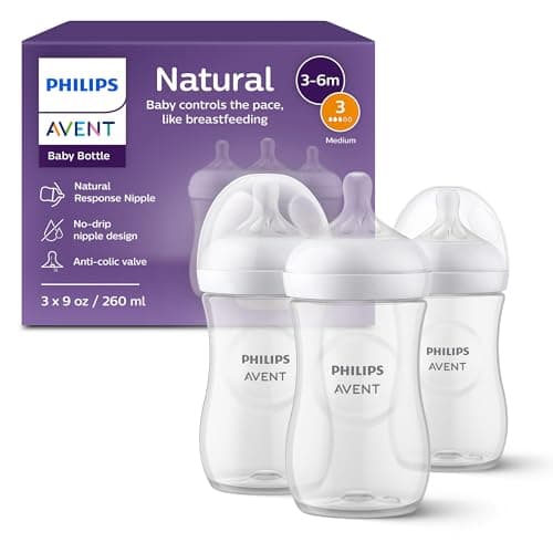 Philips Avent Natural Baby Bottles with Natural Response Nipples (Medium Flow, Flow 3), 9oz, 3-pack, SCY903/03