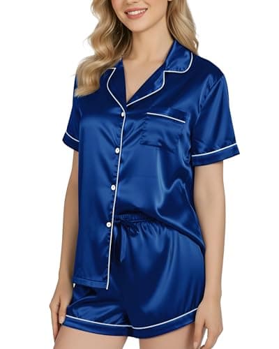 NY Threads Silk Satin pjs Sets for Woman Button Down Top and Shorts Sleepwear Loungewear Pyjamas Set, Medium, Navy Blue