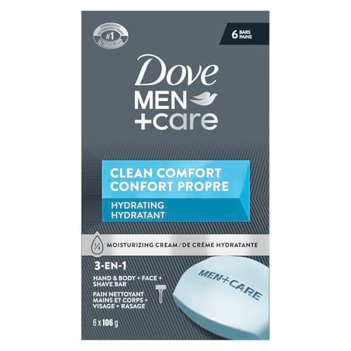 Savon en barre Dove Men+Care Hydrating Clean Comfort pour nettoyer et hydrater la peau des hommes 3-N-1 Mains et corps + Visage + Savon en barre à raser avec ¼ de crème hydratante,...