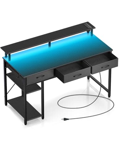 Rolanstar Computer Desk with Power Outlets & LED Light, 47 inch Home Office Desk with Drawers and Storage Shelves, Writing Desk with Monitor Stand,...