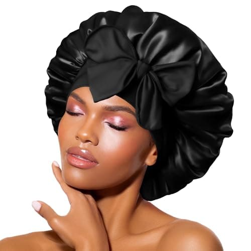 BONNET QUEEN Silk Bonnet for Sleeping Women Satin Bonnet Night Sleep Cap Scarf Wrap for Curly Hair with Tie Band,Black