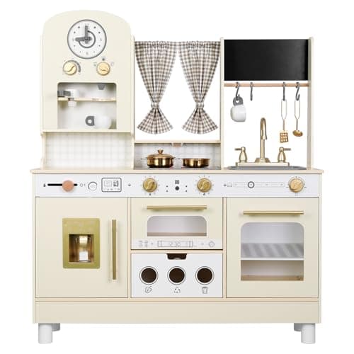 EDUBEBO Kids Kitchen playset, Wooden Play Kitchen, Height Adjustable, Comes with Various Kitchen Accessories, Ideal Role Play Toy Gift for Toddlers...