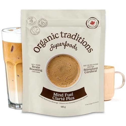 Organic Traditions Mind Fuel Instant Mushroom Coffee Alternative, Caffeine Free Lion’s Mane and Maca Herbal Drink with Dandelion, Chicory, Roasted...