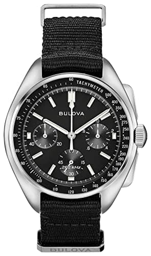 Bulova Archive Series Mens Stainless Steel with Black Nylon Strap Lunar Pilot Chronograph, Silver-Tone (Model: 96A225)
