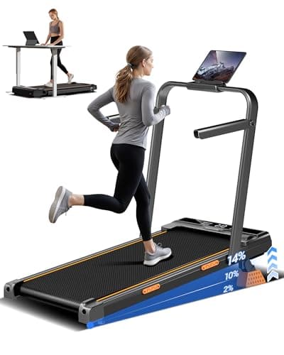 Tapis de course incliné à 14 % pour la maison Petit tapis roulant 4 en 1 sous le bureau avec poignées, tapis roulants pliants avec 2,5 HP silencieux sans balais, 330 LBS...