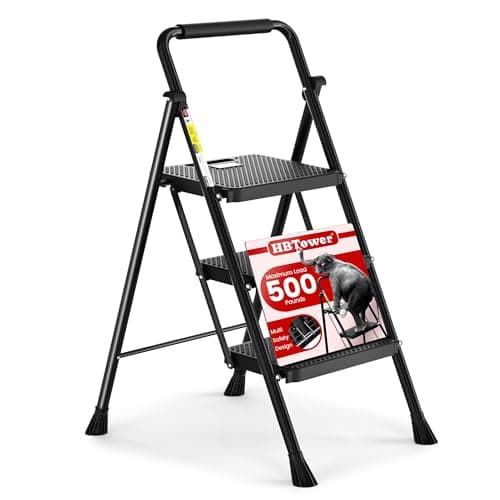 HBTower 3 Step Ladder, Folding Step Stool with Wide Anti-Slip Pedal, 500lbs Sturdy Steel Ladder, Convenient Handgrip, Lightweight, Portable Steel...