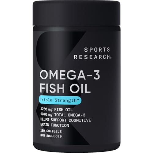Sports Research Triple Strength Omega 3 Fish Oil - Burpless Supplement w/EPA & DHA Fatty Acids from Wild Alaskan Pollock - Supports Cognitive...