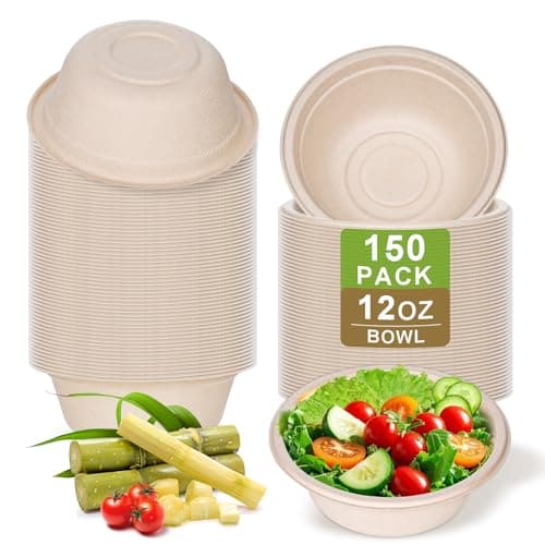 Paquet de 150 bols en papier de 12 OZ, bols à soupe jetables biodégradables compostables en vrac, bols ronds robustes en canne à sucre écologiques, aliments chauds et froids...