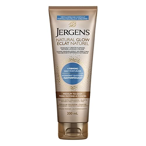 Jergens Natural Glow + Hydratant quotidien raffermissant et lotion corporelle autobronzante progressive sans soleil pour peau sèche, teinte moyenne à profonde (200 ml)