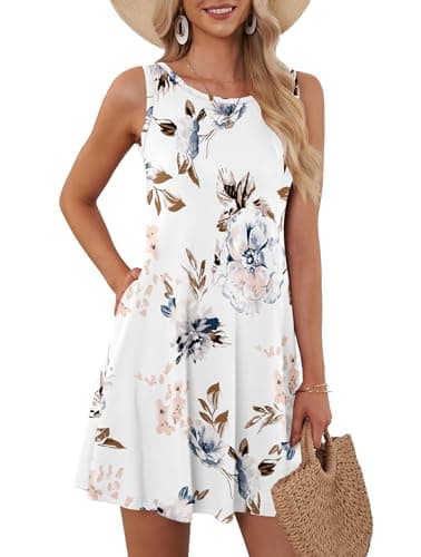 WNEEDU Womens Summer Dress Casual Beach Cover Up Swing Sundress with Pockets, Floral White M