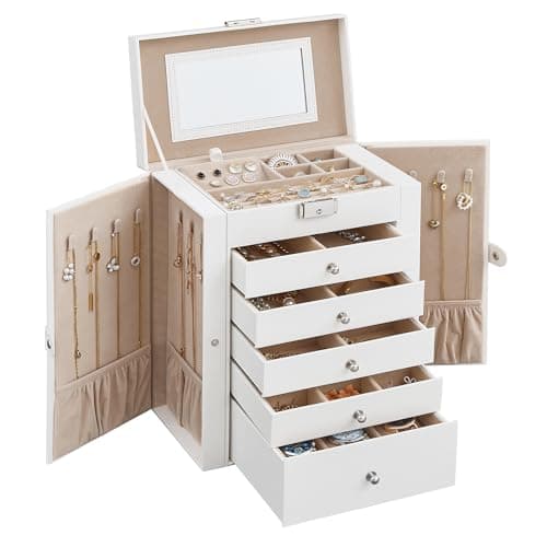 SONGMICS 6-Tier Jewelry Box Organizer with 5 Drawers, Lockable Jewelry Storage Case with Mirror, Necklace Hooks, Watch Storage, Large Capacity,...