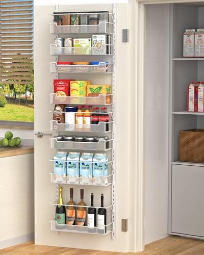 VyGrow 8-Tier Over the Door Pantry Organizer with Adjustable Basket, Pantry Door Organization for Pantry Kitchen Storage Room Spice Rack, White
