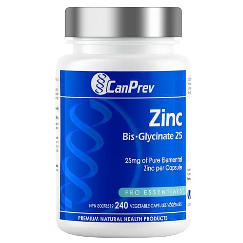 CanPrev Zinc Bis-Glycinate 25 mg, 240 gélules végétales, approvisionnement de 240 jours - Supplément de zinc élémentaire à haute absorption pour la vitalité cognitive et cutanée...