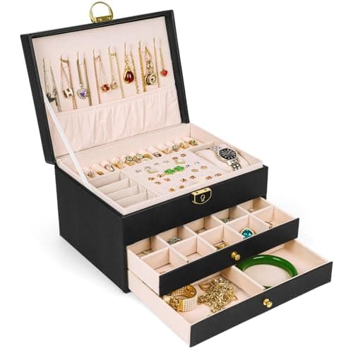 SYCARON Grande boîte à bijoux organisateur pour femmes filles, 3 couches en cuir PU, étui de rangement de bijoux avec serrure pour femmes et filles, colliers, bracelets...