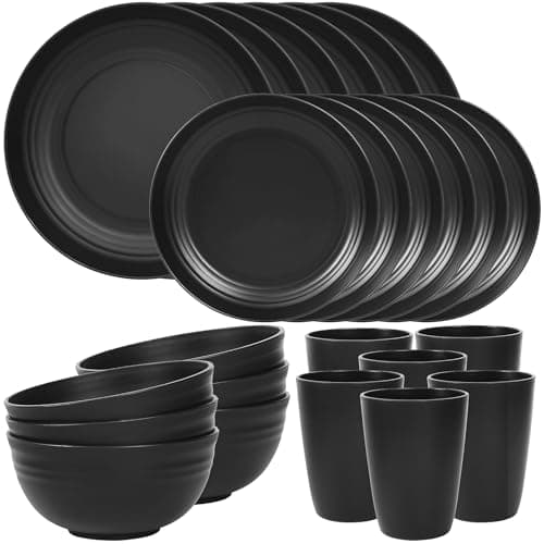 Quatish 24 Piece Plastic Plates and Bowls Sets for 6, Unbreakable Plastic Dinnerware Sets, Dish Set for Camping, Dishwasher Microwave Safe, Outdoor...
