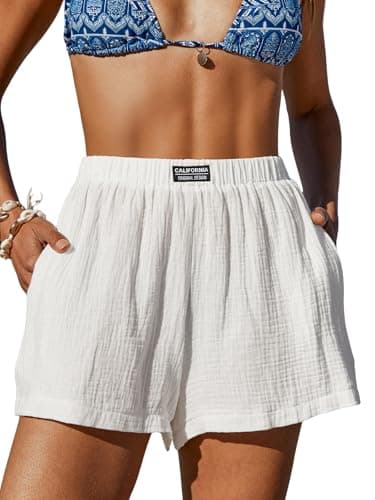 CUPSHE Short décontracté en coton taille haute pour femme - Short d'été avec poches - Blanc - Taille L