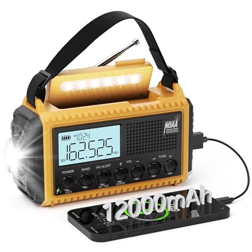 Emergency Radio with Weather Alert, 12000mAh/44400mWh Portable Hand Crank and Solar Powered AM/FM Weather Radio with SOS Alarm and Flashlight,...