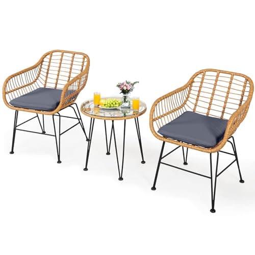 Ensemble de conversation de patio DORTALA 3 pièces, chaises de loisirs en rotin et ensemble de table à thé ronde en verre, ensemble de meubles de bistro en osier intérieur et extérieur avec...