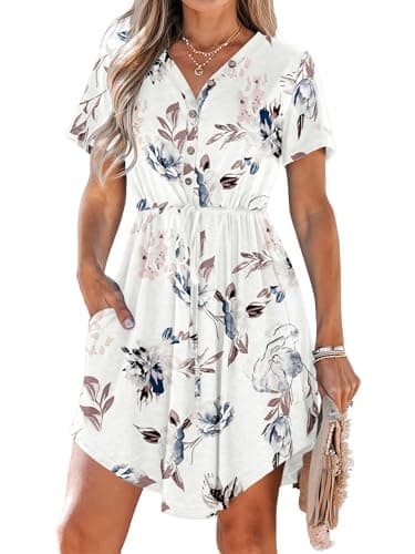 MISFAY Robe d'été décontractée pour femme, col en V, manches courtes, cordon de serrage, mini robes avec poches, blanc floral, M
