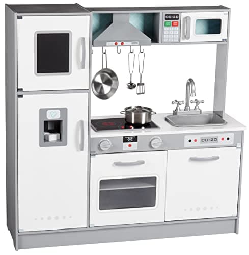 Amazon Basics Ensemble de jeu de cuisine en bois vertical pour enfants avec cuisinière, four, évier, réfrigérateur et accessoires, pour les tout-petits, les enfants d'âge préscolaire, les enfants de 3 ans et plus...