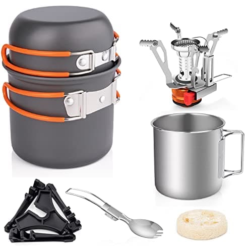 Gurukim 8pcs Camping Cookware Set, Camping Pot and Pan Set with Mini Backpacking Stove Stainless Steel Cup Spork and Tank Bracket Cleaning Tools...