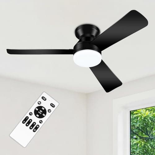 ZOUQILAI 42" Black Ceiling Fans with Lights and Remote, Low Profile Ceiling Fan with Light, Reversible DC Motors, 3CCT Dimmable Timer Noiseless,...