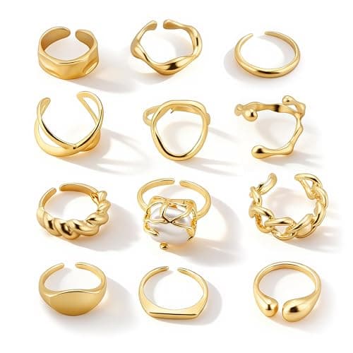 Ensemble de bagues en or épaisses pour femmes, ensembles de bagues de déclaration empilables Boho, bagues de pierres précieuses de fleur d'articulation vintage réglables qui ne ternissent pas les doigts articulaires midi...
