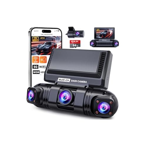 ENLIK Dash Cam Caméra avant et arrière Vue à 360 ° Dashcam 4 canaux pour voitures, QHD 2K + 1080P * 3 Caméra de tableau de bord de voiture avec carte 64 Go, WiFi 5G et contrôle APP,...