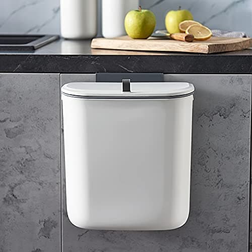 ELPHECO Poubelle à Compost, Poubelle Suspendue de 2,5 Gallons avec Couvercle, Porte d'armoire de Cuisine sous l'évier Poubelle en Plastique à Fixation Murale à Ouverture coulissante, Blanc
