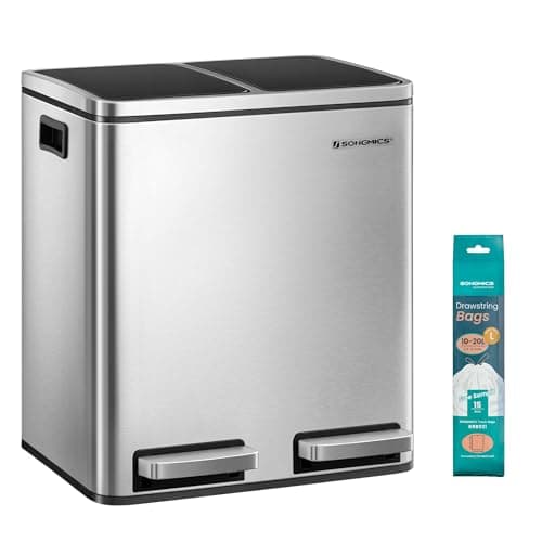 Poubelle SONGMICS, poubelle 2 x 4 gallons (2 x 15 L), corbeille avec couvercles à fermeture douce, pédales et seaux intérieurs pour cuisine, acier inoxydable,...
