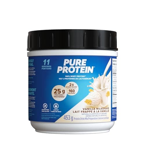 Pure Protein Whey Powder - High Protein (25 g/scoop), Low Sugar (2 g/scoop), Gluten Free, Fast-Acting Formula, Vanilla, 453g