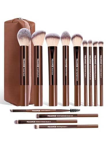 MAANGE 13 PCS Pinceaux de Maquillage Pinceaux de Maquillage Professionnels Pinceaux Anti-cernes en Poudre Synthétique de Qualité Supérieure Ensemble de Pinceaux de Maquillage de Voyage avec Étui (Café)