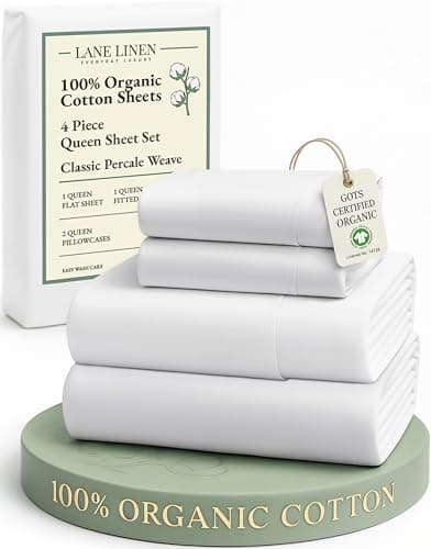 Lane Linen Ensemble de draps Queen 100% coton biologique, draps en percale 4 pièces pour lit Queen - Doux, respirant, hypoalle...
