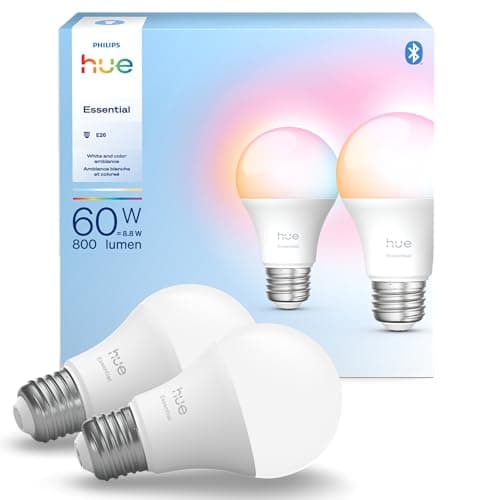 Ampoule LED intelligente A19 Philips Hue Essential, ambiance blanche et couleur, culot E26, 8,8 W, 2200K-6500K, 800 lumens, variable, fonctionne avec Alexa, Google...