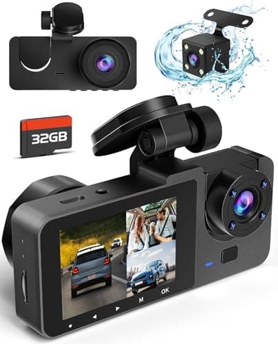 Caméra de tableau de bord à 3 canaux avant et arrière à l'intérieur, caméra de tableau de bord grand angle 4K Full HD 170 degrés avec carte SD de 32 Go, écran IPS de 2,0 pouces, nuit IR intégrée...