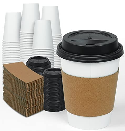 GINKGO [100 Pack] 12 oz Disposable Thickened Paper Coffee Cups with Lids and Sleeves, to Go Hot Coffee Cups for Home, Office, Wedding and Cafes