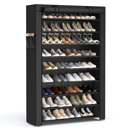 SONGMICS 10-Tier Shoe Rack, Shoe Storage Organizer Cabinet with Dustproof Cover, Free-Standing, for Closet, Entryway, Hold 40-50 Pairs, for...