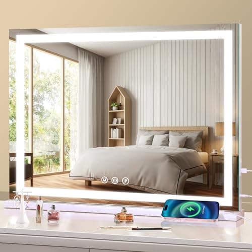 Grand miroir de courtoisie avec lumières, 23" x 19" miroir de maquillage lumineux avec Smart Touch 3 couleurs à intensité variable, sur table ou mural, fonction mémoire