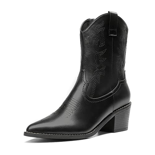 DREAM PAIRS Bottes de cowboy pour femmes, bottes de cow-girl à bout pointu et à talons épais, bottes western cousues à fermeture éclair, bottines pour dames, taille...