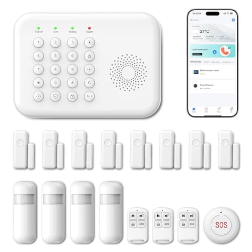 Système d'alarme pour la sécurité de la maison, WiFi + GSM/4G fonctionne avec le système d'alarme Alexa Home, kit de bricolage de 17 pièces sans frais mensuels avec alertes d'application instantanées, SOS...