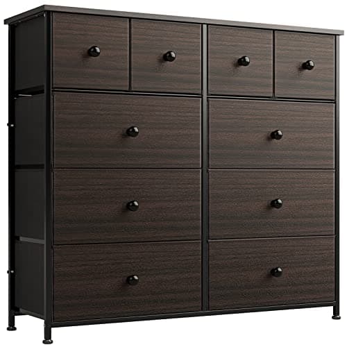 REAHOME Commode pour chambre à coucher avec 10 tiroirs, large commode noire avec dessus en bois, tour de rangement en tissu, structure en acier robuste...