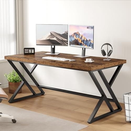 LVB Rustic Computer Desk, Metal Wood Home Office Desk, Industrial Simple Study Executive Desk for Writing Work, Wooden Student Gaming Computer PC...