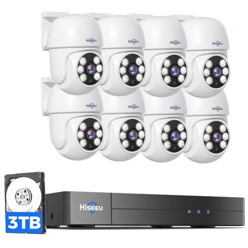 Système de caméra de sécurité filaire Hiseeu 3K PTZ vue extérieure à 360 ° avec projecteur d'alarme, audio, DVR 8CH 5MP, caméras de vidéosurveillance 8PCS, disque dur de 3 To, personne/véhicule...