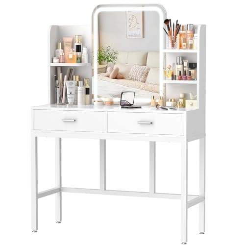 Bureau de coiffeuse, bureau de maquillage avec miroirs, ensemble de coiffeuse avec 2 tiroirs de rangement et étagères ouvertes, coiffeuse réglable en luminosité LED 3 couleurs...