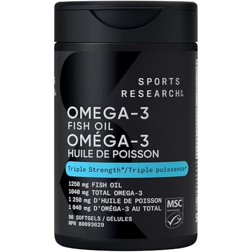 Huile de poisson oméga 3 triple force de Sports Research - Supplément d'huile de poisson sans rot avec acides gras EPA et DHA de goberge sauvage d'Alaska - Cœur, cerveau et...