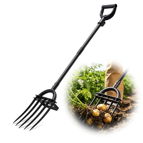 Garden Fork with 69 Inch Long Handle, 5-Tine Heavy Duty Metal Pitch Fork with Ergonomic D-Grip Handle for Digging, Weeding,Soil Loosening, Composting